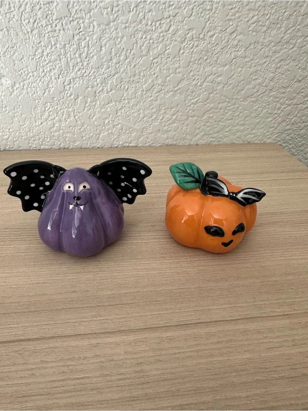 Halloween Ceramic Pumpkin and Bat Salt & Pepper Set - Orange and Purple